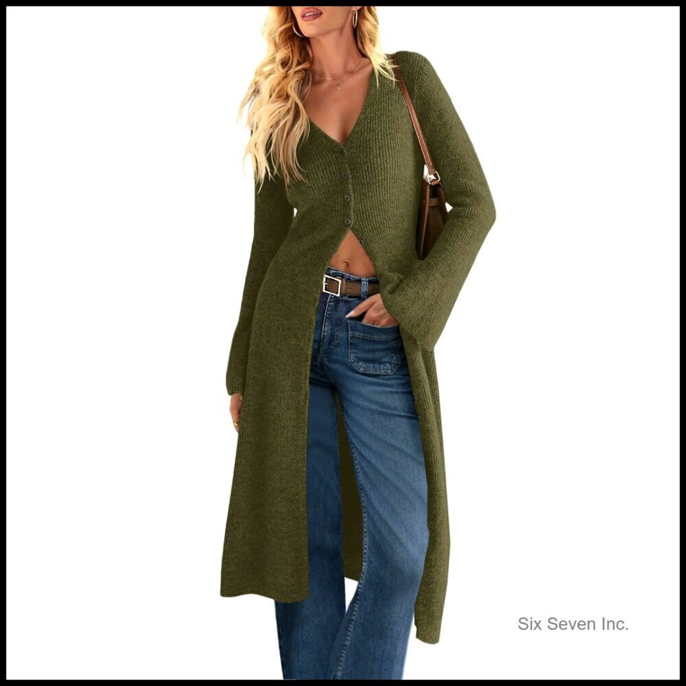 Oversized Bell Sleeve Cardigan Sweater Open Front Button Down Knit Midi Dress